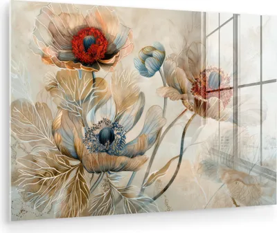 Produktbild von MuchoWow Glasbilder - Bilder auf Wandbild - Foto auf Glas Blumen - Beige - Modern - Illustration 30x20 cm Wanddekoration aus Glas - Acrylglasbild - Acrylbilder - Bilder auf glas wandbild