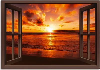 Produktbild von ARTland Leinwandbild Fensterblick Sonnenuntergang am Strand Größe: 100x70 cm