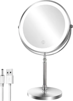 A silver makeup mirror with LED lighting and a USB cable on a white background.