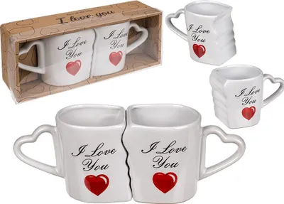 A collage of images showing a set of two mugs designed to fit together, with a heart design and the text 'I Love You'.