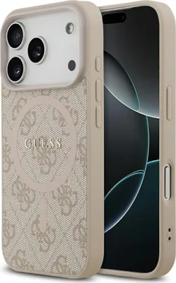 A close-up, angled view of a pink and beige Guess logo phone case for an iPhone.
