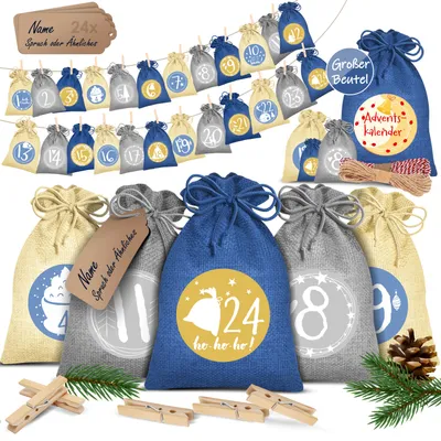 Immagine prodotto di Calendario dell'Avvento KESSER® da riempire: 24 sacchetti di juta, sacchetti di stoffa stampati, calendario natalizio per bambini da riempire da soli, incl. 24 etichette + 1 grande sacchetto di stoffa per riporli