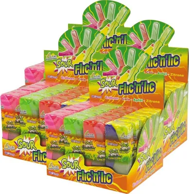 Produktbild von Flic'n'lic Lutscher Sour mit Erdbeer, Cola, Apfel 24 Stk. im Display (4er Pack)