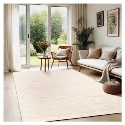 Produktbild von Wollteppich im skandinavischen Boho-Look, handgewebt, Creme Beige, 160 x 230 cm