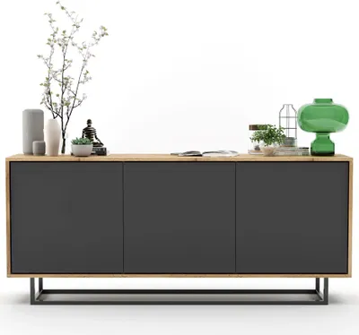 Produktbild von Loft Kommode TV-Sideboard TV Eiche Wotan Loft Style Apollo 3D Modern Lindner Möbel  168cm x 35cm x 72 cm Farbe: Wotan Eiche matt - Graphit matt