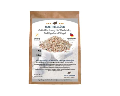 A bag of WachtelGlück grit mix for quails, poultry, and birds, with a pile of the grit mix in the foreground and seashells in the background.