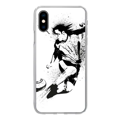 Produktbild von MuchoWow® Handyhülle Schutzhülle Hülle für iPhone X Eine Illustration einer Person, die einen Fußball in Richtung Tor schießt - Jungen - Junge - Kind Silikon Softcase Handy Hülle - Handyhülle