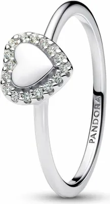 A close-up studio shot of a silver Pandora ring with a heart-shaped halo design.