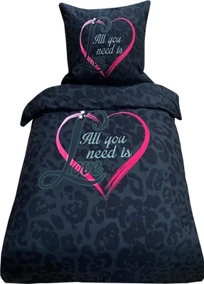 Produktbild von Bettwäsche 155x220 + 80x80 cm schwarz pink Herz Love mit Reißverschluss, 2-tlg