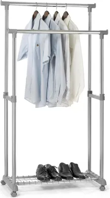 Produktbild von Garderobenwagen GROSSO Kleiderständer Rollgarderobe Garderobenständer , mit Schuhablage, 2 Kleiderstangen, höhenverstellbar, Metallrohr verchromt