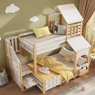 Produktbild von Kinderetagenbett 90x200 und 140x200 cm mit Treppenstauraum, Hausdesign, Dach und Rausfallschutz, Weiß und Natur