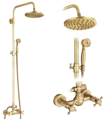 Produktbild von Badewannen-Duschset - Wandmontage - Regendusche - Handbrause - Zweigriffarmatur - Keramikkartusche - Antikmessing A1