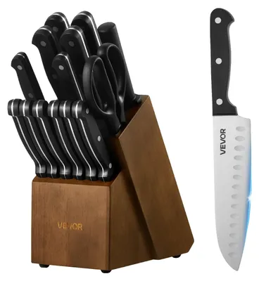 Produktbild von VEVOR Küchenmesser Set mit Block und Schleifer, 15-teiliges deutsches Hochkohlenstoff-Edelstahl-Messer Set, Küchenbesteck mit PP ergonomischem Griff, Schleifstab und Holzblock, für Hobbyköche, Gummiholz mit Kieferumwicklung