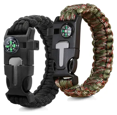Imagen del producto de Brazalete de supervivencia de 2 piezas, hecho de paracord, con pedernal y silbato, accesorio para actividades al aire libre