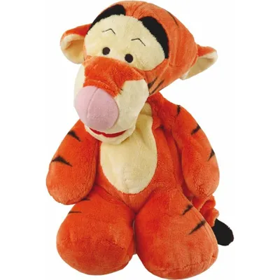 A plush toy tiger sitting against a white background.