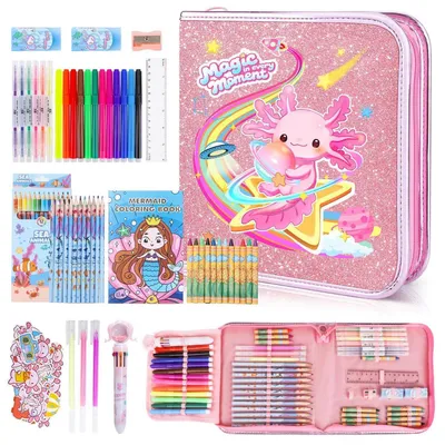 Produktbild von Malset für Kinder, 73 Teile, Axolotl Design, mit Malbuch, Stiften, Markern, Wachsmalstiften, Aufklebern, Geschenkbox