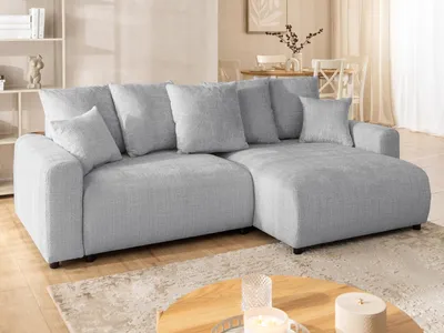 Produktbild von Calma - Komfortables Ecksofa im Bumpy-Design mit Schlaffunktion und Bettkasten aus weichem Hellgrau Chenille-Stoff