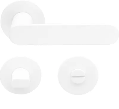 A white door handle set, including the handle and two rosettes, displayed against a white background.