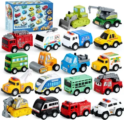 Produktbild von OYIN 18-teiliges Spielzeugauto Set – Zurückzieh-Autos & Lastwagen, Reibungsbetriebene Modellfahrzeuge, Feuerwehr, Polizei, Schulbus, LKW, Druckguss-Spielzeug für Kinder, Jungen & Mädchen