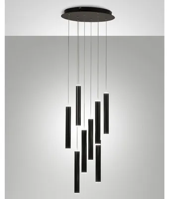 Produktbild von Fabas Luce Prado runde Pendelleuchte mit 8 Lichtern - 52 W dimmbare LED - Mattschwarze runde Deckenrosette