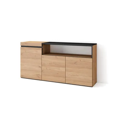 A sideboard with three doors and an open shelf on top, presented against a white background.