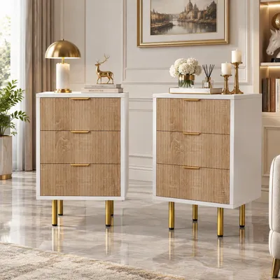 Productafbeelding van INONEFT Nachtkastje, set van 2, bijzettafeltje met 3 lades en gouden metalen poten, geschikt voor slaapkamer en woonkamer, afmetingen 40x40x65 cm, houtkleur + wit