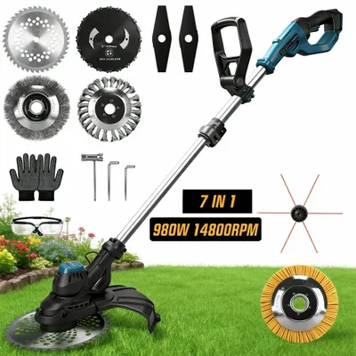 Produktbild von Akku-Rasentrimmer 980W 14800 RPM Bürstenloser, 7 IN 1 Freischneider, Motorsense, mit 7 Klingentypen Ø 300mm, 100-140cm Einstellbar, für Makita 18V