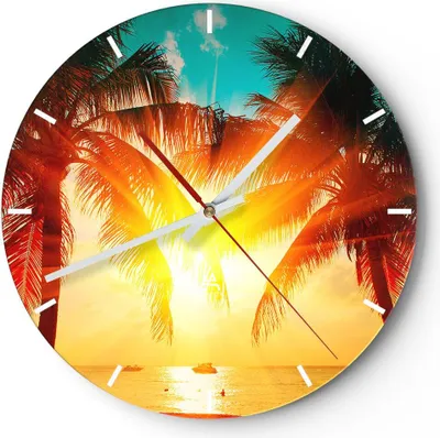 Produktbild von Wanduhr - Rund - Glasuhr - Meer Palme Wasser - 30x30cm - Schleichendes Uhrwerk - Lautlos - zum Aufhängen bereit - Dekoration Modern - Wanddekoration aus Glas - C3AR30x30-4018