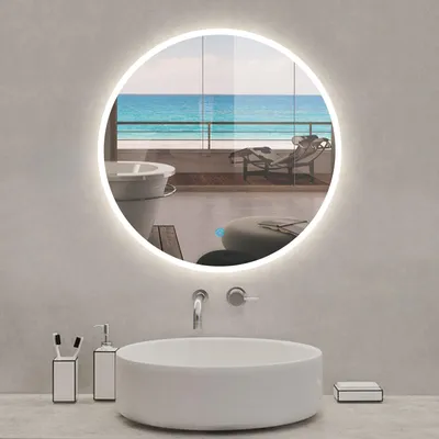 Image de Miroir de salle de bain LED rond de 80cm, dimmable + mémoire + antibuée, avec interrupteur tactile, blanc