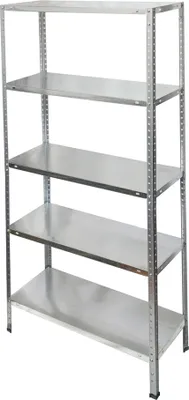A five-tier metal shelving unit against a white background.