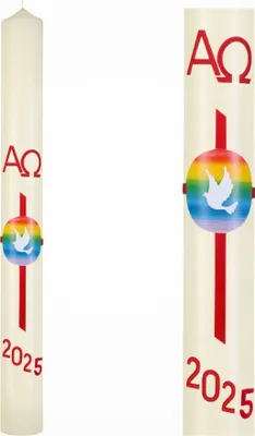 Produktbild von Osterkerze, verziert mit der aktuellen Jahreszahl. Die hochwertige Altarkerze stammt  und enthält 10 % Bienenwachs. Sie ist in der Farbe Elfenbein gehalten und hat die Größe 600 x Ø 60 mm. Hergestellt in Handarbeit mit traditionellen, österlichen Wachsornamenten.