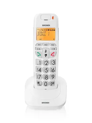 A white cordless DECT phone with a charging base, shown from the front.