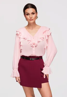 Produktbild von LARICA Damen Bluse Langarm V-Ausschnitt Volant Schwarz OW-SH-E0029 rose M