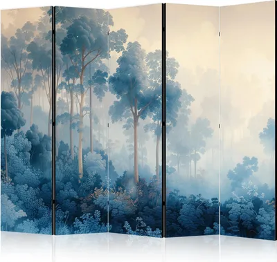 Produktbild von 5-teiliger Doppelseitiger Vlies Paravent - Landscape With Trees in Illustration Style. Fairy Blue Forest 225x172 cm Blumen c-H-10024-z-b
