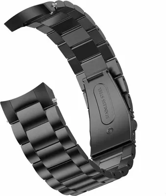 A black metal watch strap is shown against a white background.