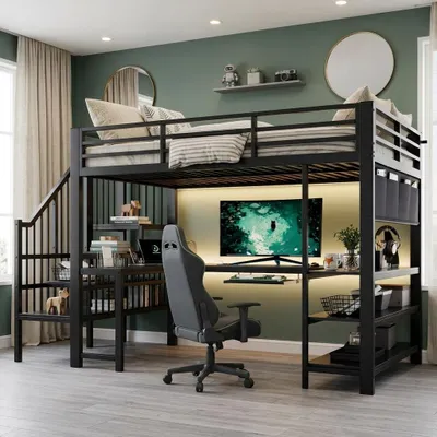 Imagen del producto de Cama alta okwish de 120x200 con escritorio en forma de U, luces LED y enchufe de la UE, cama juvenil con estanterías y cajón para teclado, cama individual de color negro, sin colchón, Imagen generada por IA