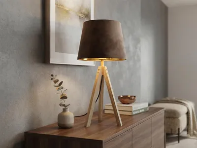 Produktbild von Große Tischlampe skandinavisch mit Holz & E27 Samtschirm Braun Gold, Höhe 55cm