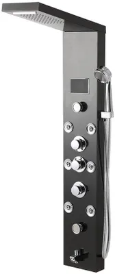 Produktbild von Duschpaneel mit 6 Wasserfunktionen, Massagejets, Regendusch und Wasserfall-Dusch, inklusive Thermostatikarm, LCD-Display und Handdusch – schwarz