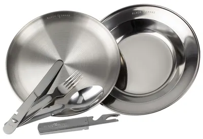 Produktbild von Edelstahl Teller Set - flach & tief mit Campingbesteck - robustes Essteller-Set für Outdoor, Camping, Trekking & Picknick - 1 Person - Set