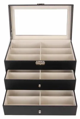 Produktbild von Brillenaufbewahrungsbox, Sonnenbrillen-Organizer, Etui mit 18 Fächern, 3-lagige Präsentation, Halter aus Kohlefaser
