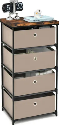 Produktbild von GOPLUS Kommode mit 4 Schubladen aus Stoff, Schubladenschrank mit Metallrahmen & abnehmbaren & faltbaren Schubladen, Kleiderkommode (4 Schubladen, Hellbraun)