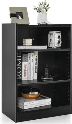A black three-shelf bookcase filled with decorative items and books.