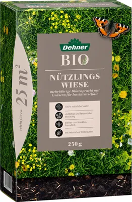Produktbild von Dehner Bio Saatgut Nützlingswiese, hochwertige Saatgutmischung, artenreichen Mix aus biologisch erzeugten Pflanzen / Kräutern / Gräsern, 250 g, für ca. 25 m²