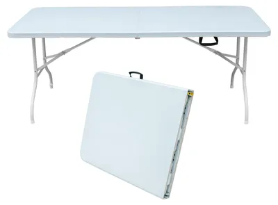 Image de Table pliante portable de 180 cm avec poignée, robuste et multifonctionnelle, blanche