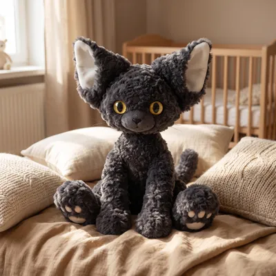 Produktbild von Schwarze Katze Plüschtier Kawaii Lockige Langhaarkatze Kuscheltier Stofftier Kinder Geburtstag Geschenk