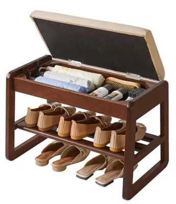 Productafbeelding van Schoenenbank met kussens, 2-laags, massief hout, met klapdeksel, 60 cm, walnootkleur