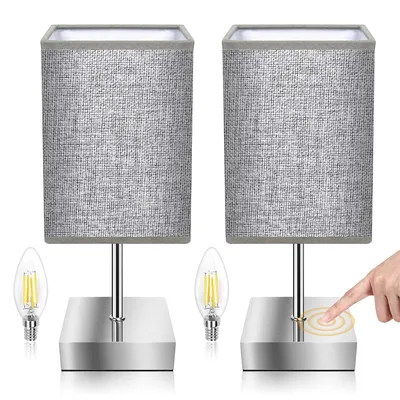 Produktbild von Touch-Bettlampe im 2er-Set – E14 Nachttischlampen mit Stoffschirm, 3-stufig dimmbar, warmweiß, modern & retro, Grau