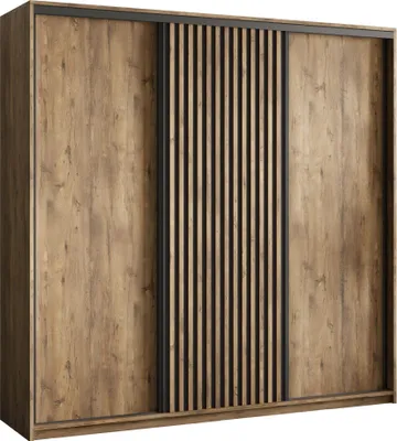 Produktbild von Masseno Schiebetürenschrank VONTE 200/205/60 cm Kleiderschrank mit Lamellen und Schubladen Schlafzimmer Schrank 3-türig Eiche Lefkas + Schwarz