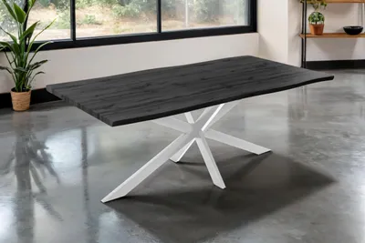 Produktbild von Esstisch Josy | 200 x 100 cm | Holz-Optik in Grau | Spider-Gestell Metall Silber | 40 mm Tischplatte mit Baumkante | Tisch für Esszimmer & Küche