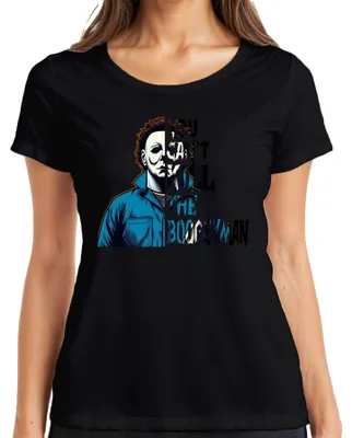 Imagen del producto de Camiseta negra retro para mujer, con estampado de Halloween: "Boogeyman", diseño de terror, estilo "slasher", talla L